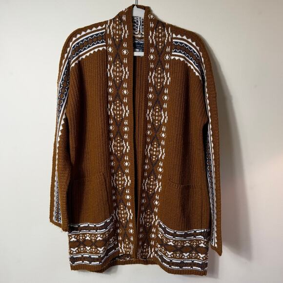 Lucky Brand Boho Knit Open Mustard Brown Cream Sweater SZ L Pockets Tribal Aztec - Picture 1 of 7